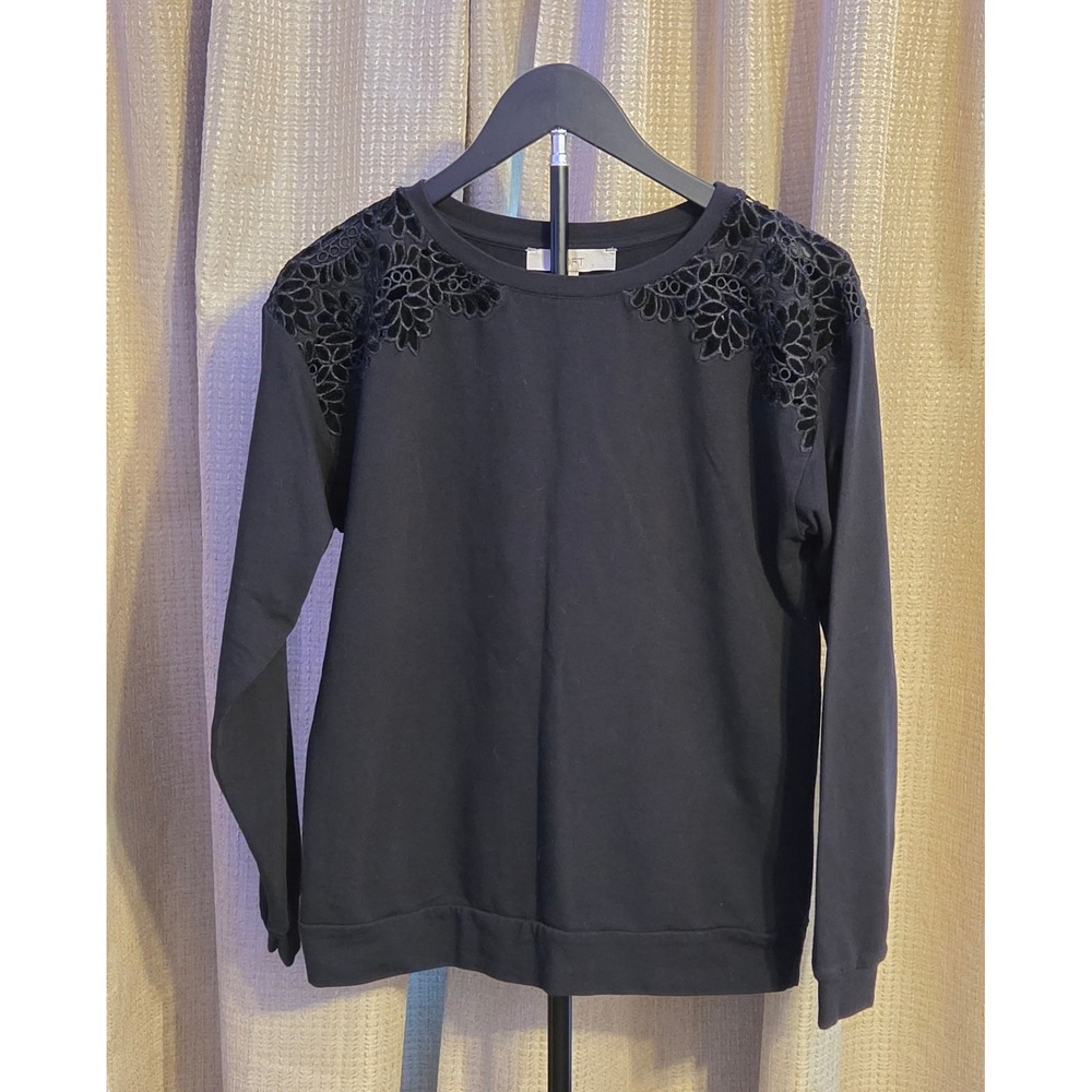 Loft Long Sleeve Lace Detail Sweatshirt‎ Women's Size Small Black